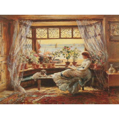 Reading by the Window Hastings White Modern Wood Framed Art Print by Lewis, Charles James