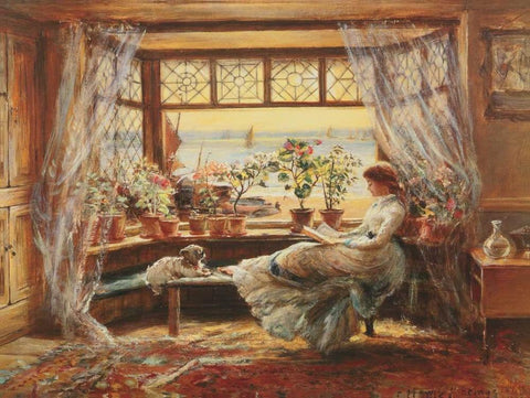 Reading by the Window Hastings White Modern Wood Framed Art Print with Double Matting by Lewis, Charles James