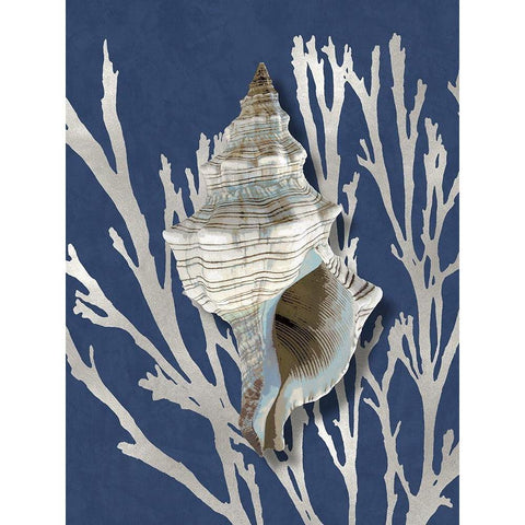 Shell Coral Silver on Blue III White Modern Wood Framed Art Print by Kelly, Caroline