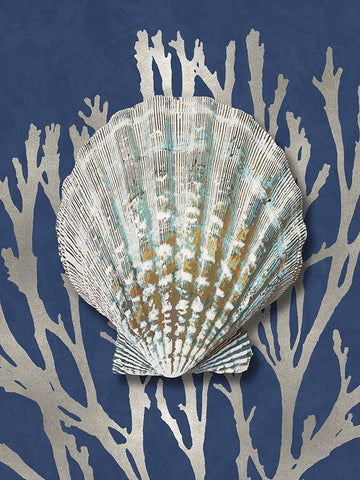 Shell Coral Silver on Blue IV White Modern Wood Framed Art Print with Double Matting by Kelly, Caroline