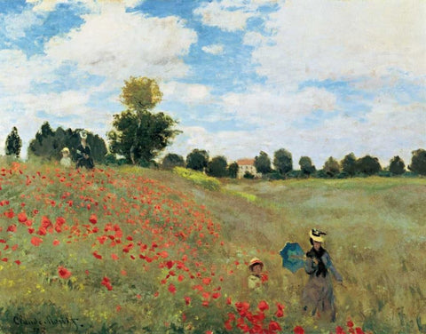 Coquelicots White Modern Wood Framed Art Print with Double Matting by Monet, Claude