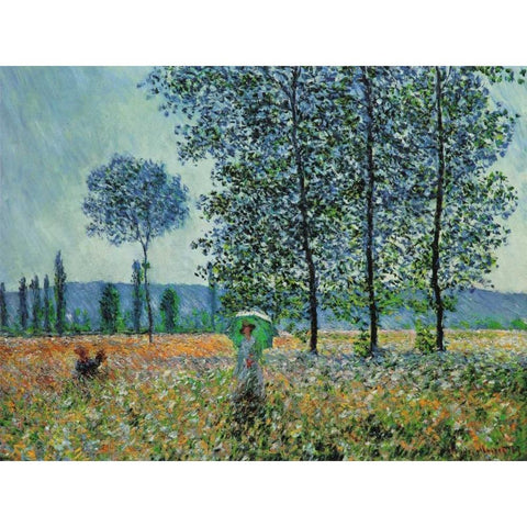 Felder im Fruhling White Modern Wood Framed Art Print by Monet, Claude