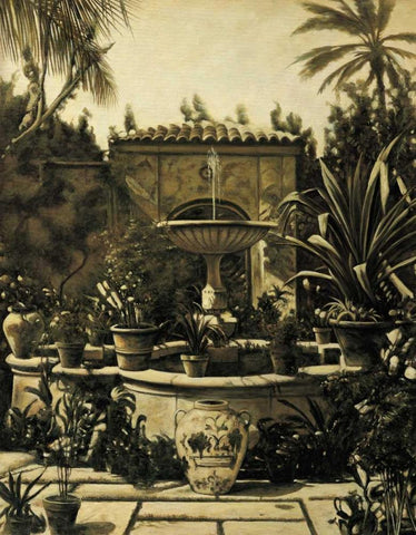 Courtyard Fountain Black Ornate Wood Framed Art Print with Double Matting by Parks, David