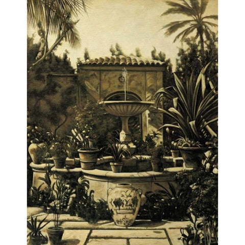 Courtyard Fountain Black Modern Wood Framed Art Print with Double Matting by Parks, David