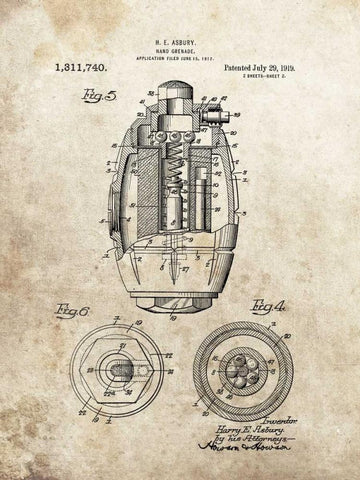 Hand Grenade - 1919 Black Ornate Wood Framed Art Print with Double Matting by Sproul, Dan
