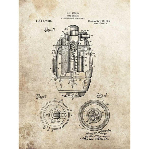 Hand Grenade - 1919 Black Modern Wood Framed Art Print with Double Matting by Sproul, Dan