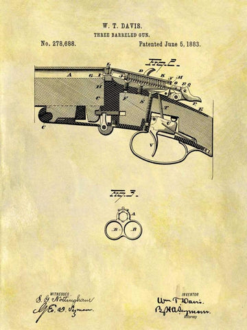 Three Barreled Gun - 1883 Black Ornate Wood Framed Art Print with Double Matting by Sproul, Dan