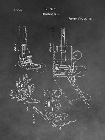Colt Revolver - 1836 Black Ornate Wood Framed Art Print with Double Matting by Sproul, Dan
