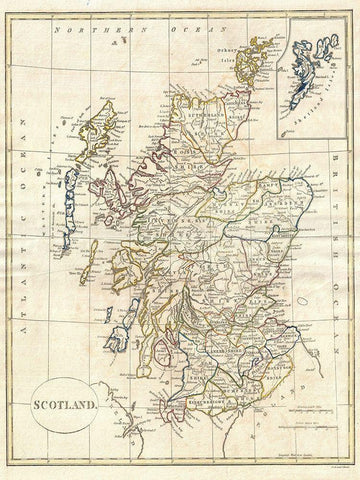 Map of Scotland Black Ornate Wood Framed Art Print with Double Matting by Sproul, Dan