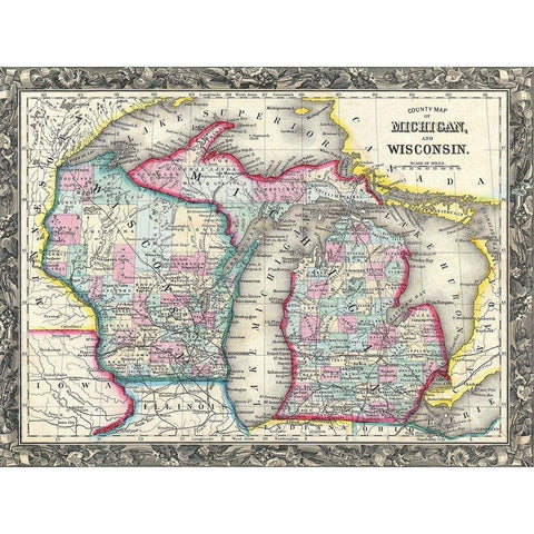 County map of Michigan and Wis Black Modern Wood Framed Art Print with Double Matting by Sproul, Dan