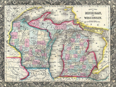 County map of Michigan and Wis White Modern Wood Framed Art Print with Double Matting by Sproul, Dan