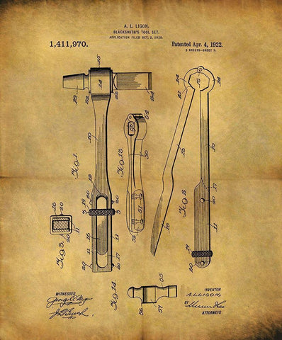 Blacksmiths Tool 1922 Black Ornate Wood Framed Art Print with Double Matting by Sproul, Dan