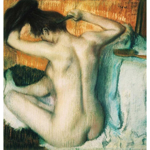 Woman Combing her Hair White Modern Wood Framed Art Print by Degas, Edgar