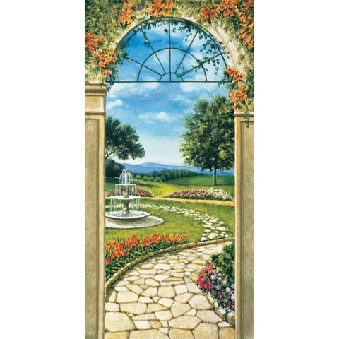 Giardino con fontana Gold Ornate Wood Framed Art Print with Double Matting by Mannarini, Giovanbattista