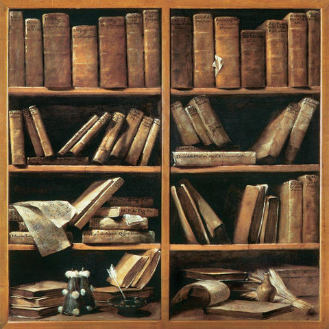 Scaffali con libri di musica White Modern Wood Framed Art Print by Crespi, Giuseppe Maria