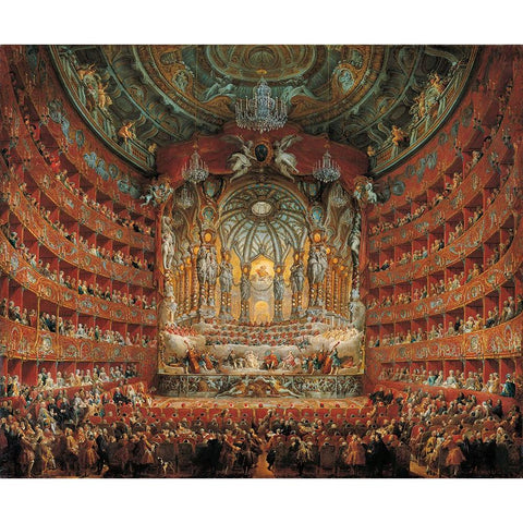 Festa In Teatro A Roma White Modern Wood Framed Art Print by Panini, Giovanni Paolo