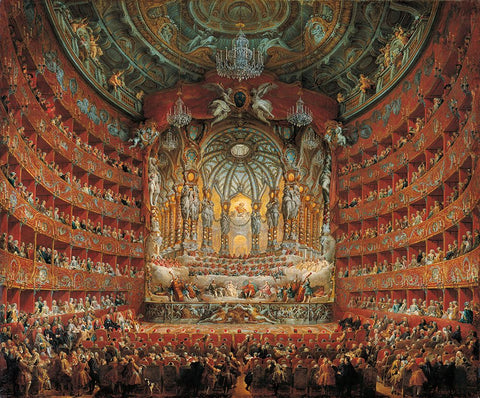 Festa In Teatro A Roma Black Ornate Wood Framed Art Print with Double Matting by Panini, Giovanni Paolo