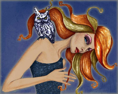 Girl with Owl Black Ornate Wood Framed Art Print with Double Matting by Goddess, Jami