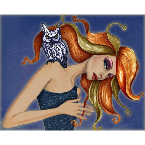 Girl with Owl Black Modern Wood Framed Art Print with Double Matting by Goddess, Jami