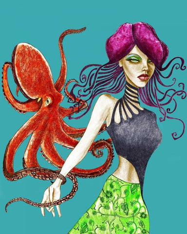 Octopus White Modern Wood Framed Art Print with Double Matting by Goddess, Jami