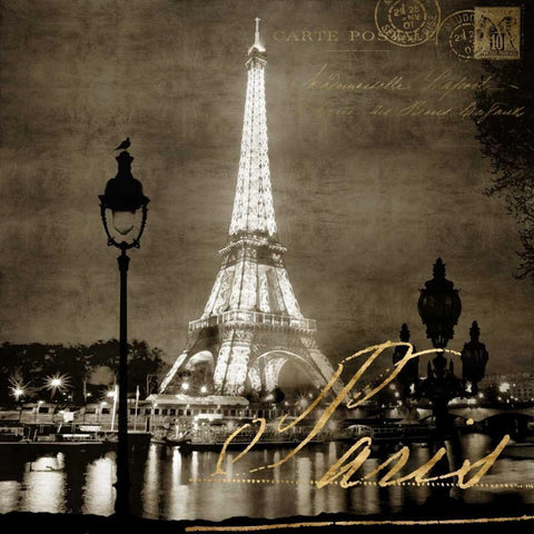 Paris At Night In Sepia Black Ornate Wood Framed Art Print with Double Matting by Carrigan, Kate