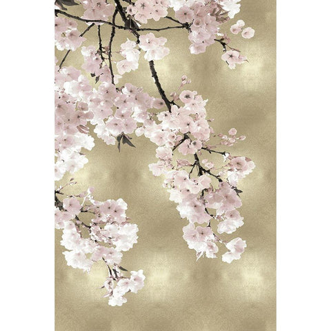 Pink Blossoms on Gold I Black Modern Wood Framed Art Print with Double Matting by Bennett, Kate