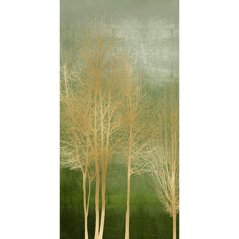 Gold Trees on Green Panel I Gold Ornate Wood Framed Art Print with Double Matting by Bennett, Kate