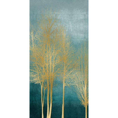 Gold Trees on Aqua Panel I White Modern Wood Framed Art Print by Bennett, Kate