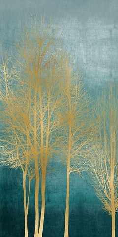 Gold Trees on Aqua Panel I White Modern Wood Framed Art Print with Double Matting by Bennett, Kate