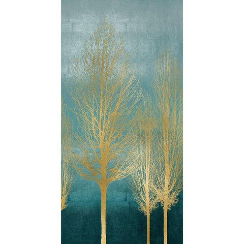 Gold Trees on Aqua Panel II White Modern Wood Framed Art Print by Bennett, Kate