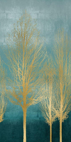 Gold Trees on Aqua Panel II White Modern Wood Framed Art Print with Double Matting by Bennett, Kate