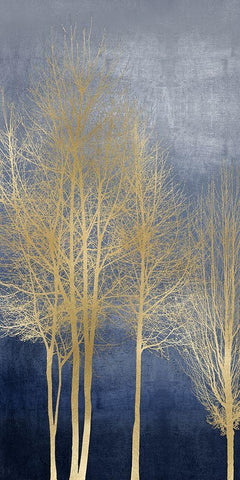 Gold Trees on Blue Panel I White Modern Wood Framed Art Print with Double Matting by Bennett, Kate