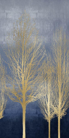 Gold Trees on Blue Panel II Black Ornate Wood Framed Art Print with Double Matting by Bennett, Kate