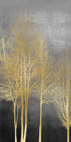 Gold Trees on Gray Panel I White Modern Wood Framed Art Print with Double Matting by Bennett, Kate