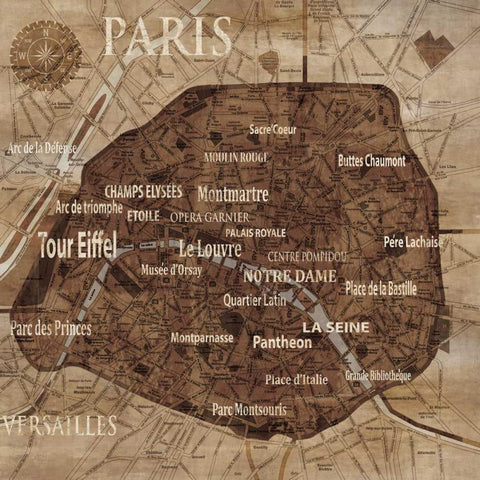 Map of Paris Black Modern Wood Framed Art Print with Double Matting by Wilson, Luke