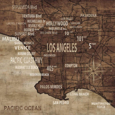 Map of Los Angeles White Modern Wood Framed Art Print by Wilson, Luke