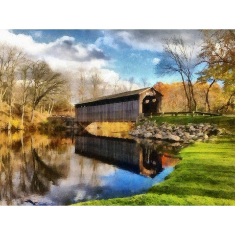 Fallasburg Bridge In Fall  Gold Ornate Wood Framed Art Print with Double Matting by Calkins, Michelle
