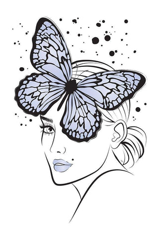 Lady Butterfly Blue Black Ornate Wood Framed Art Print with Double Matting by Pavlova, Martina