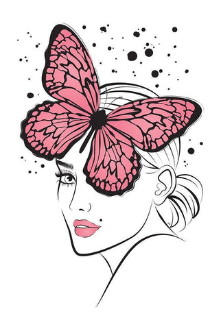 Lady Butterfly Pink Black Ornate Wood Framed Art Print with Double Matting by Pavlova, Martina