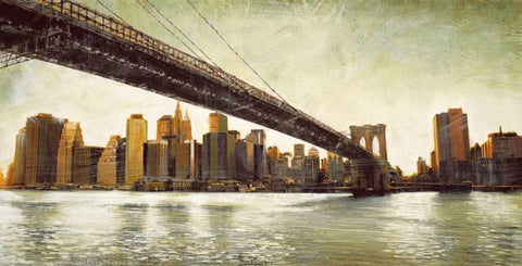 Brooklyn Bridge View Black Ornate Wood Framed Art Print with Double Matting by Daniels, Matthew