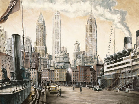 Departure, New York Black Ornate Wood Framed Art Print with Double Matting by Daniels, Matthew