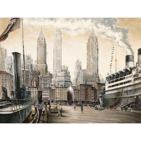 Departure-New York Black Modern Wood Framed Art Print with Double Matting by Daniels, Matthew