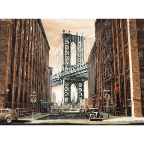 View to the Manhattan Bridge Black Modern Wood Framed Art Print with Double Matting by Daniels, Matthew