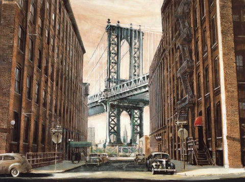 View to the Manhattan Bridge Black Ornate Wood Framed Art Print with Double Matting by Daniels, Matthew