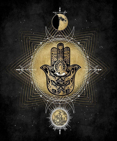 Hamsa Hand Celestial Black Ornate Wood Framed Art Print with Double Matting by Jeffries, Oliver