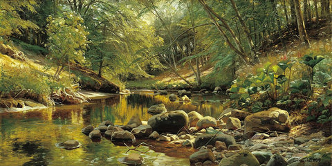 A Woodland River in Summer Black Ornate Wood Framed Art Print with Double Matting by Monsted, Peder