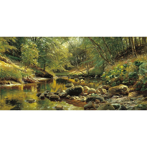 A Woodland River in Summer White Modern Wood Framed Art Print by Monsted, Peder