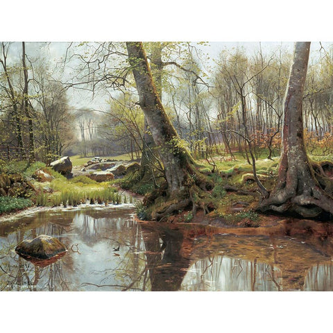 A Woodland Spring Black Modern Wood Framed Art Print with Double Matting by Monsted, Peder