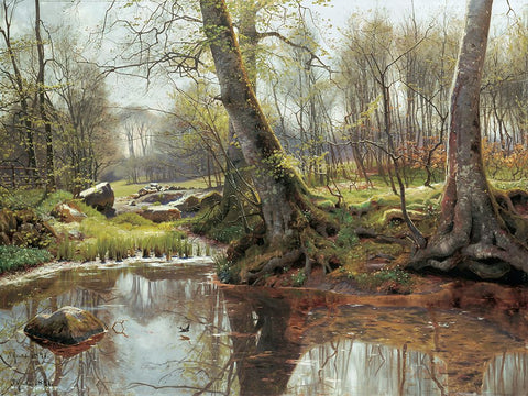 A Woodland Spring White Modern Wood Framed Art Print with Double Matting by Monsted, Peder