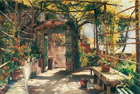 In the Pergola Black Ornate Wood Framed Art Print with Double Matting by Monsted, Peder